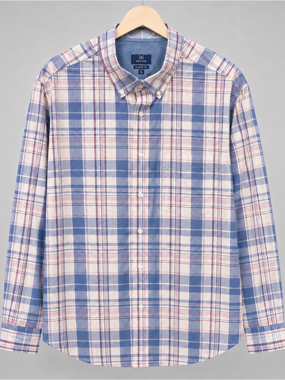 George Button-Down Plaid Shirt in Blue and Cream with Red Accent